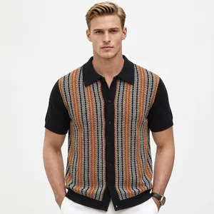 Polo de Punto a Rayas Retro para Hombre Manga Corta Cárdigan Abierto Delantero Viscosa Transpirable Verano Casual Top de Punto para Hombre