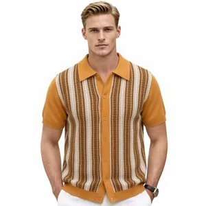 Cárdigan polo de punto a rayas retro para hombre con patrón de jacquard vintage