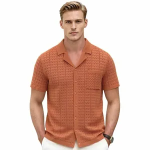 Men's burnt orange Cuban collar knit shirt with short sleeves and button-up front