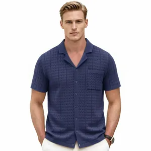 Men's blue textured knit short sleeve shirt with classic Cuban collar and button front