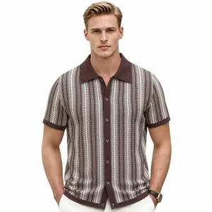 Men's retro brown jacquard knitted polo cardigan with button-down front, short sleeves.