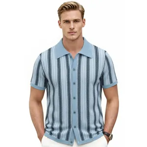 Men's casual jacquard knitted polo shirt in light blue variant with vertical stripes