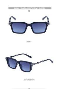Front and 45-degree side view of retro steampunk square sunglasses with black frame