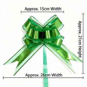 Detail showing measurements of green metallic organza pull bow decoration