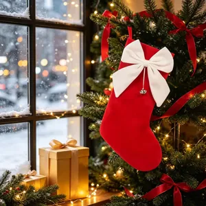 Nahaufnahme eines roten Plüsch-Weihnachtsstrumpfs mit großer weißer Schleife und Glocke