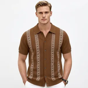 Men Viscose Striped Jacquard Knit Polo Shirt Summer Short Sleeve Business Casual Button Down Cardigan Lightweight Top