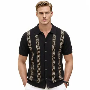 Men's short sleeve striped jacquard knit Polo shirt cardigan in black business style