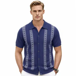 Men's blue short-sleeve knitted polo shirt with white geometric jacquard pattern.