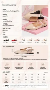 Detailed product specifications and size chart for pointed toe slingback flat sandals