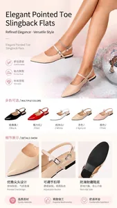 Detail views of elegant French style pointed-toe slingback flats with adjustable straps.