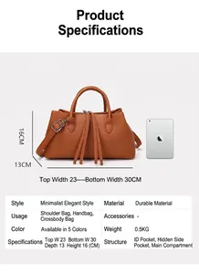 Detailed view of brown leather tote bag with dimensions and internal structure information