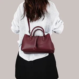 Elegant minimalist burgundy pebble leather tote bag for women's daily commuting