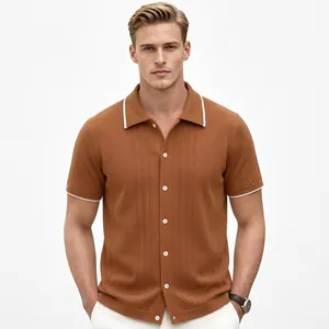 Men Business Casual Viscose Knitted Polo Shirt Short Sleeve Button Down Cardigan Top Summer Solid Color Classic Fashion Knitwear