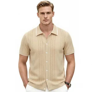 Men's short sleeve knit polo cardigan in beige with chevron pattern for business casual