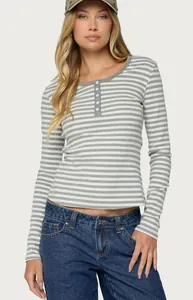 Casual striped long-sleeve T-shirt with five-button henley neck and slim fit style