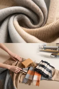 Détail en gros plan du tissu doux de l'écharpe à carreaux et options de couleur automne
