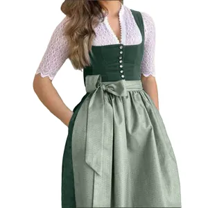 Vestido Dirndl elegante verde oscuro de Oktoberfest con blusa de encaje y delantal