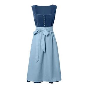 Elegante vestido Dirndl azul para mujer de Oktoberfest con lazo y corpiño con botones
