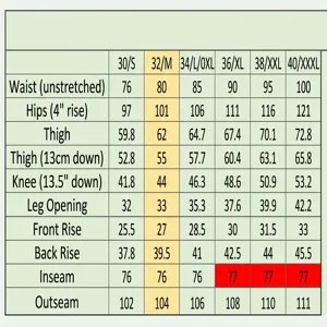 Detailed sizing information and measurement chart for men's slim straight fit jeans
