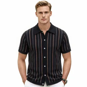 Men's vertical striped knit polo shirt cardigan with short sleeves and button closure