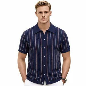 Men's vertical stripe knit polo shirt with short sleeves and button-down collar