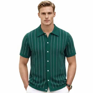 Men's premium dark green vertical stripe knitted polo cardigan with short sleeves