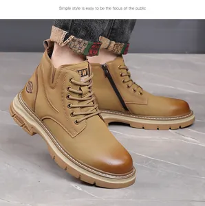 Tan leather men's work boots featuring high-top design and side zipper for autumn