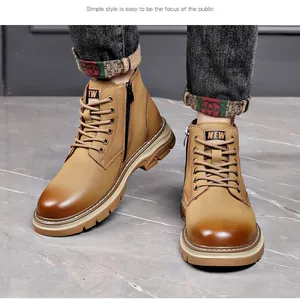 Detailed view of men's premium leather Martin boots with a stylish high-top design in tan color.