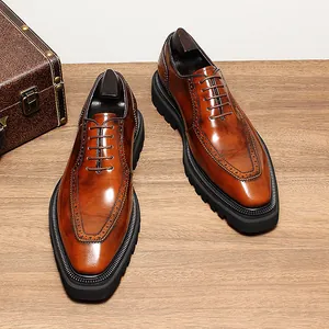 Men Business Formal Oxford Shoes Polished Cowhide Leather British Brogue Carved Thick Sole Height Increasing Dress Shoes