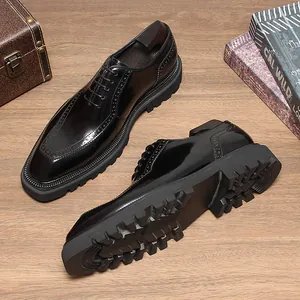 Premium glossy black leather Oxford shoes for men with thick rubber lugged soles