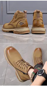 Durable tan leather high-top men's Martens work boots with side zipper and rugged sole