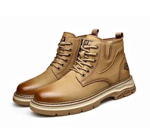 Durable tan leather high-top Martin boots for men with lace-up design and side zipper