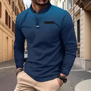 Men's navy blue long sleeve polo shirt with light blue dot print and stand collar