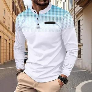 Close-up of men's casual long sleeve Polo shirt featuring blue gradient dot print