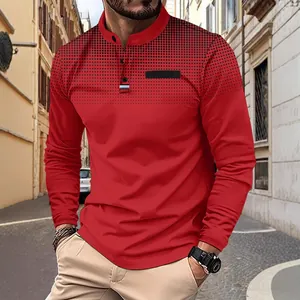 Detailed view of red casual men's long-sleeve Polo shirt featuring a black dot print