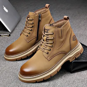 Men's Cow Leather Martin Boots High Top Lace-up Side Zipper Non-slip Outdoor Fashion Casual Work Boots For Winter