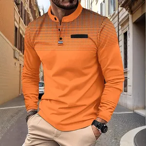Men's casual long-sleeved Polo shirt with orange dot gradient and stand collar