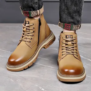 Stylish men's camel leather Martin boots with side zipper and lace-up closure for autumn