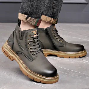 Classic men's leather high-top Martin boots with side zipper and thick rubber sole