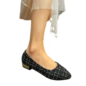 Chaussures plates en tweed noir et blanc à bout pointu pour femmes, talon doré