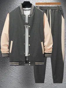 Detailed view of men's two-piece casual baseball varsity jacket and matching sweatpants set