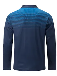 Back view of navy blue long sleeve Polo shirt with light blue gradient dot print