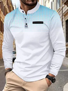 Men's casual long sleeve Polo shirt with blue gradient polka dot print and stand collar