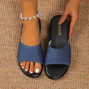 Draufsicht auf blaue Damen-Keilpantoletten aus Denim mit schwarzen Innensohlen