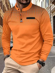 Men's casual long sleeve Polo shirt featuring an orange black dot gradient print