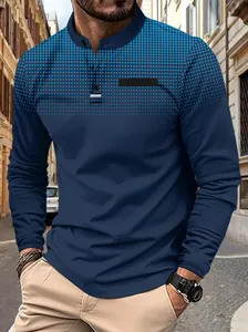 Men's casual long-sleeved navy Polo shirt with stylish blue dot print on shoulders