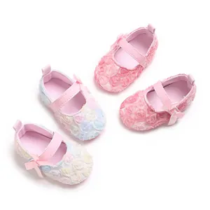 Baby Girls Mary Jane Princess Shoes 3D Flower Bow Soft Sole Infant First Walker Flat Shoes Pink Floral Toddler Shoes