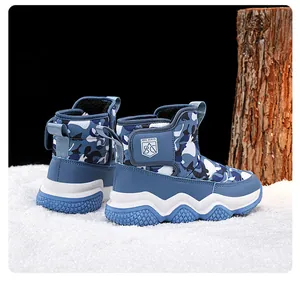 Close-up detail of blue camouflage children's snow boots with warm lining and thick soles