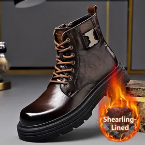 Heren Toplaag Koeienhuid Martin Boots Winter Warm Schapenvacht Gevoerd Britse Motorstijl Antislip Halverwege de Kuit Laars