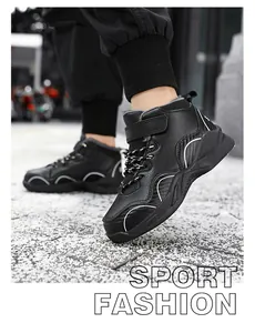 Close-up of black boys' winter sneakers with warm lining and sporty fashion style